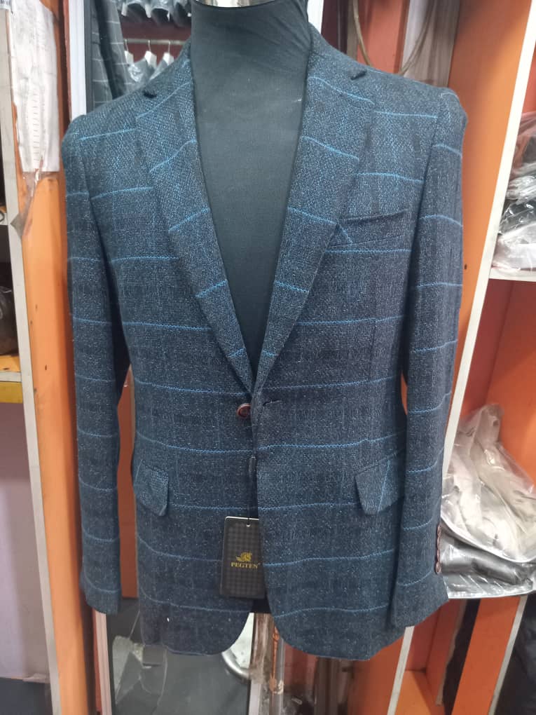 Elegant Charcoal Checkered Blazer with Blue Accents CNP