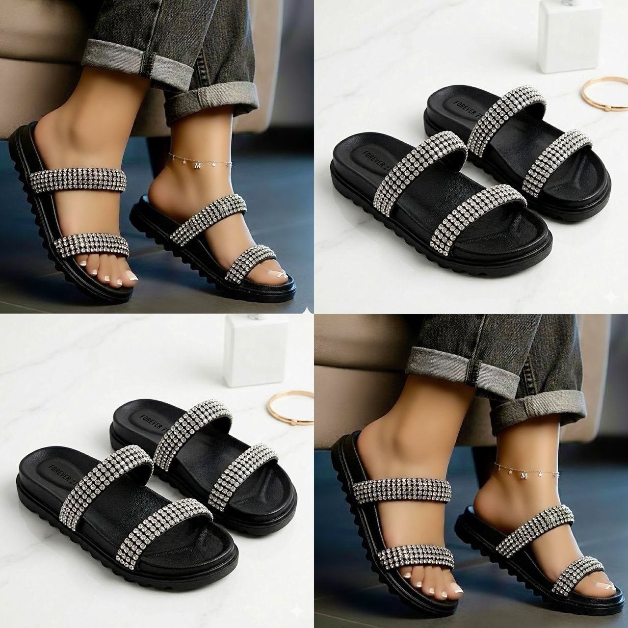 Black Embellished Flat Slippers JUN6